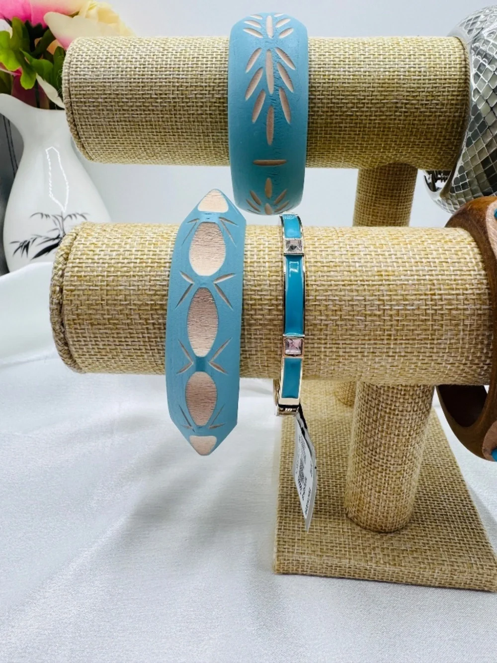 Boho Mixed Bangle Bracelet Lot Blue Wood Silver Floral Statement Bracelets 6 pcs